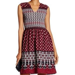 Max Studio Oxblood Smocked Jacquard Midi Dress